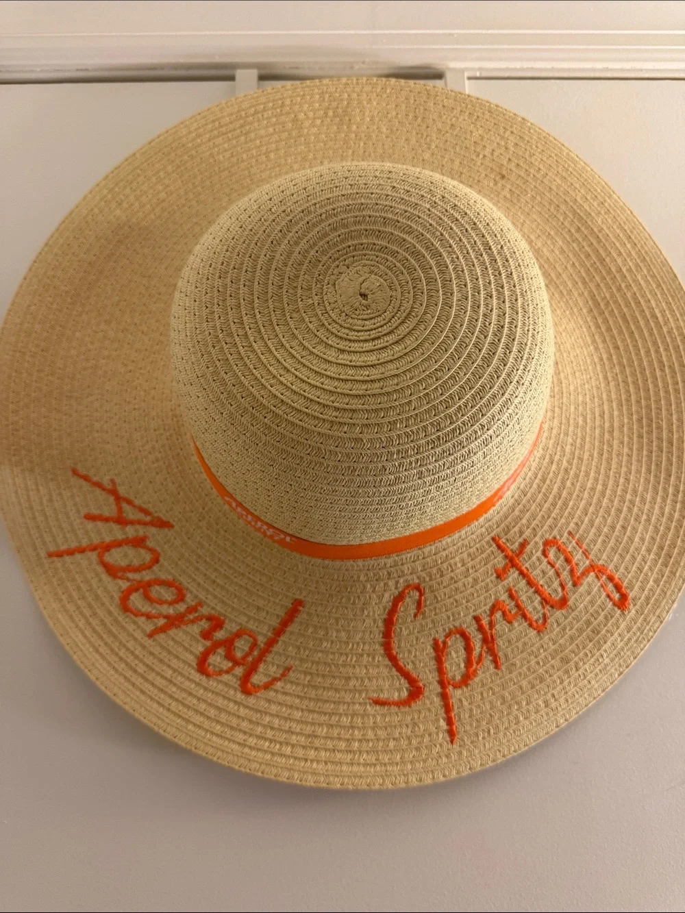 Wide-Brim Straw Sun Hat with Orange Trim and Script